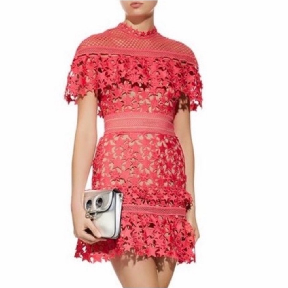 Self-Portrait Pink Yoke Frill Star Guipure Lace Mini Dress. Size 2